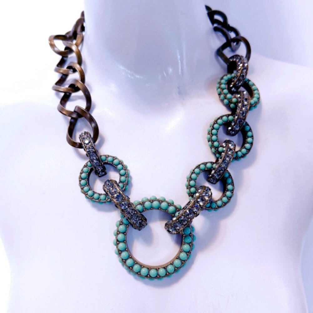 Vintage LANVIN Turquoise Beaded & Crystal Embellished Jeweled Collar Necklace